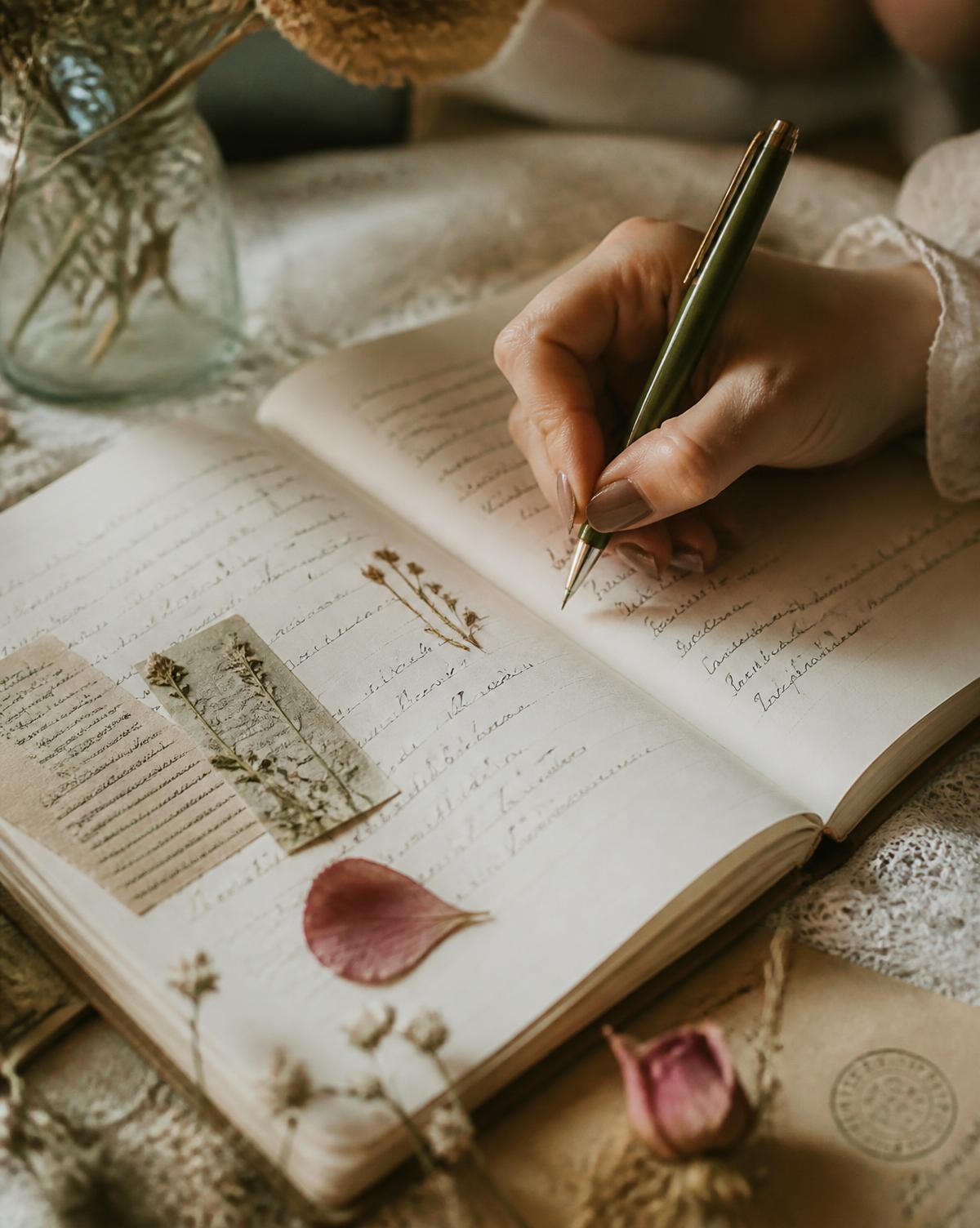 Manos escribiendo a mano en un cuaderno con flores secas y papeles alrededor