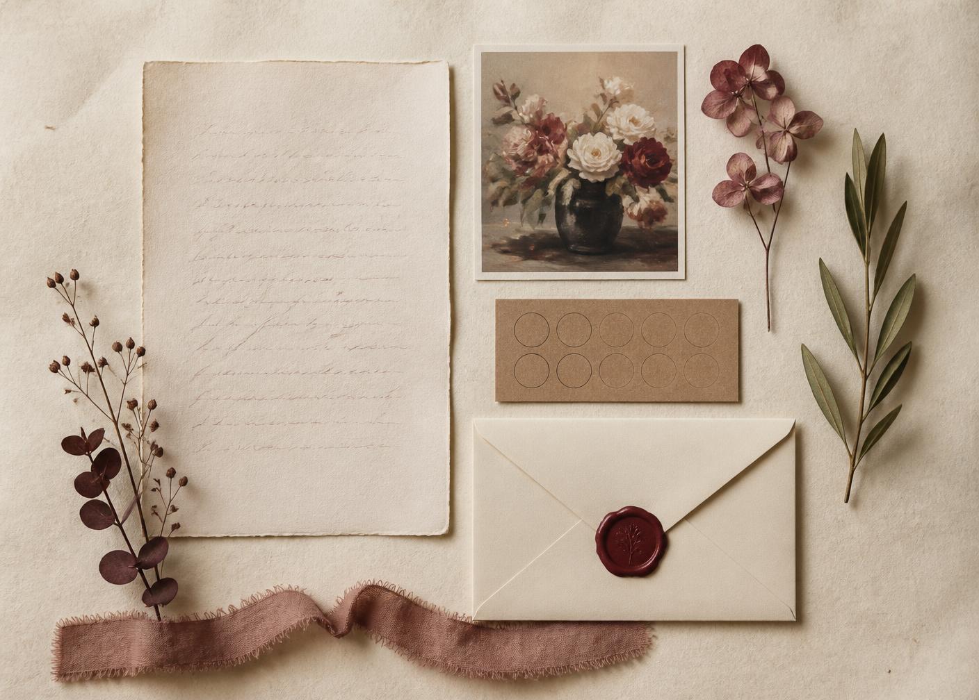 Piezas de una pócima sobre papel crema: carta manuscrita, postal ilustrada, tarjeta de fidelidad, sobre lacrado y ramas secas